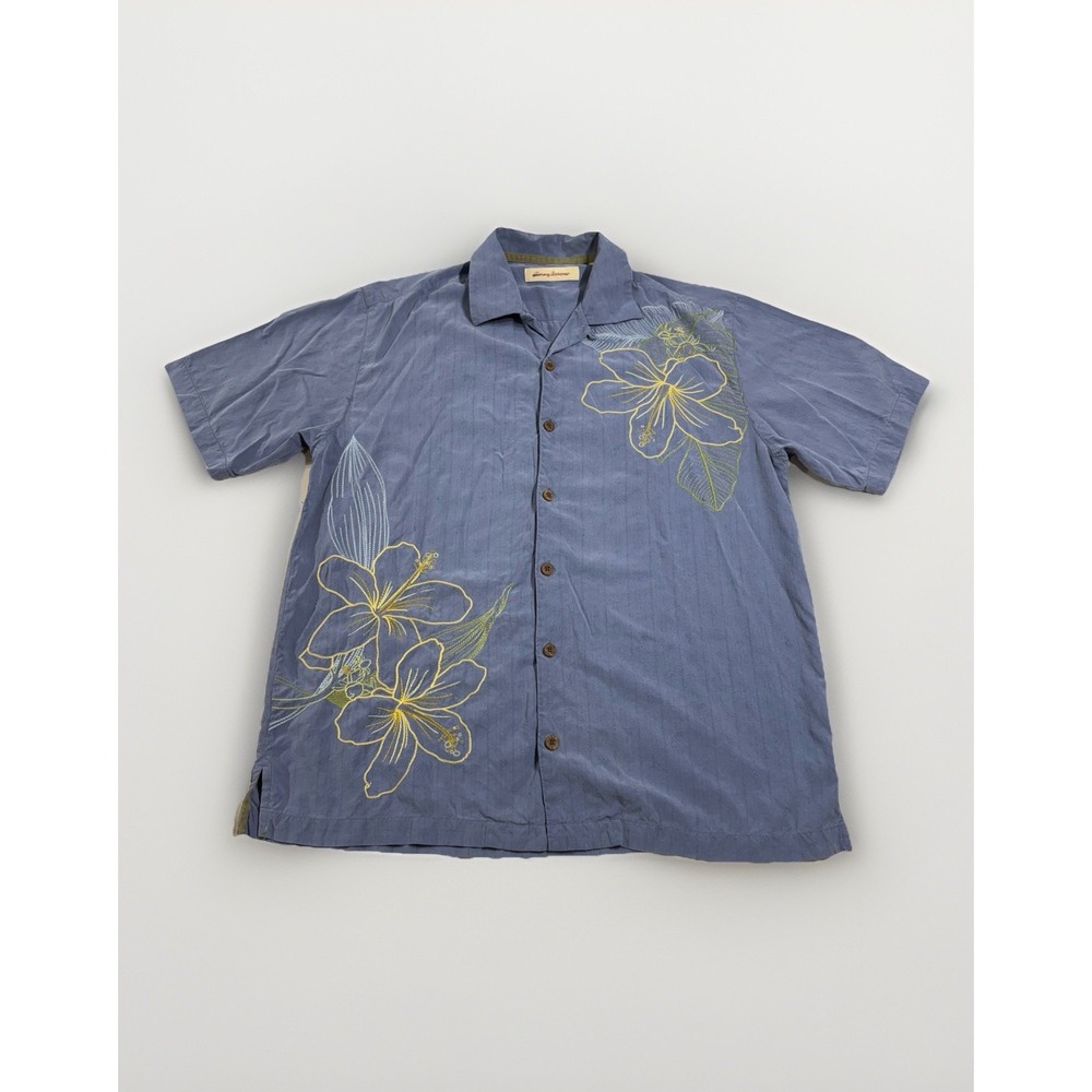 Tommy Bahama Men's M Blue Silk Embroidered Floral Camp‎ Shirt Beach Resort Vacay